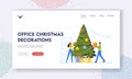 Office Christmas Decoration Landing Page Template. Happy People Decorating Christmas Tree Put Balls on Branch and Gifts Royalty Free Stock Photo