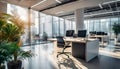 Office with city view, many windows, sunset, desk, chair, building fixtures