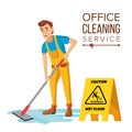 Professional Office Cleaner Vector. Janitor With Cleaning Equipment. Flat Cartoon Illustration