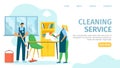 Office cleaning service, people character vector illustration. Woman man work cleaner with equipment, flat professional