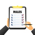 Office clipboard Rules. Legal law and corporate regulation. Businessman compliance and policy management. Document