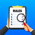 Office clipboard Rules. Legal law and corporate regulation. Businessman compliance and policy management. Learning the