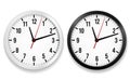 Office clock realistic. Round watches with time arrows and black or white face, wall hanging element with second, hour