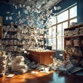 Office clutter Documents flying over a chaotic workplace scene Royalty Free Stock Photo