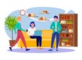 Office coffee break business people team relax at work flat vector illustration. Young men and woman professionals Royalty Free Stock Photo