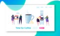 Office Coffee Break Time Landing Page Banner. Business People Character have Lunch. Employees Talking, Resting Royalty Free Stock Photo