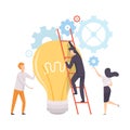 Office Colleagues Working at New Project, Man Climbing Ladder to Big Burning Light Bulb, Teamwork, Brainstorming Royalty Free Stock Photo