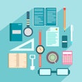 Office colored objects on a colored background with shadow collection of symbols Royalty Free Stock Photo