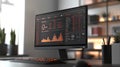 An office computer monitor displays financial data and charts.
