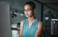 Office computer, night or black woman reading finance portfolio, stock market database or review ecommerce feedback Royalty Free Stock Photo