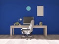 Office, computer, room interior 3d render, 3d illustration concept