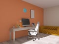 Office, computer, room interior 3d render, 3d illustration desktop