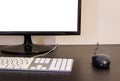 Office Computer on Wooden Black Desk Mockup. LCD Screen, Keyboard, Mouse. Copy Space Royalty Free Stock Photo