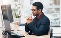 Office, concentration and man at computer thinking or brainstorming ideas for online project. Planning, analytics and