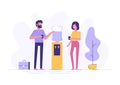 Office cooler chat. Vector flat character design on man and woman talking to each other near office water cooler