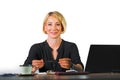 Office corporate portrait of young beautiful and happy business woman working relaxed at laptop computer desk smiling confident in Royalty Free Stock Photo