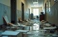Office corridor shows water damage destruction. Flooded documents, disarray indoor. Effect of burst pipe, disaster response. Royalty Free Stock Photo