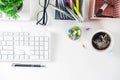 Office creative desk with supplies and coffee cup Royalty Free Stock Photo