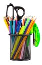 Office cup with scissors, pencils and pens Royalty Free Stock Photo