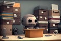 office, with cute robot assistant sorting and filing paperwork