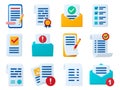 Office 3d business icons. Clipboard with page, pencil and pen. Message, receipt or bill objects. Notepad, isolated