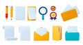 Office 3d icons, plastiline design. Isolated email, data folders and empty receipt or bill templates. Yellow mail