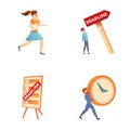 Office deadline icons set cartoon vector. Stressed employees working overtime