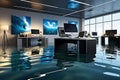 Office Deluge: Water Inundates a Modern Office - Desks and Computers Submerged, Floating Papers, Reflections on Watery Chaos