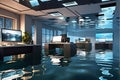 Office Deluge: Water Inundates a Modern Office - Desks and Computers Submerged, Floating Papers, Reflections on Watery Chaos