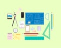 Office designer architect Workplace set flat illustration