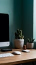 Office desk adorned with succulent cactus, tranquil workspace ambiance