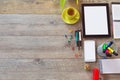 Office desk background with tablet, smart phone and cup of coffee. View from above with copy space