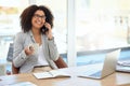 Office desk, black woman and phone call of morning business conversation about marketing. Working, communication and