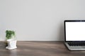 Office desk with blank screen on laptop, fresh coffee cup, dwarf