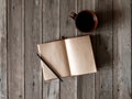 Office desk with blank screen smartphone,pen,notebook and coffee cup on wood table.Top view with copy space.Office Royalty Free Stock Photo