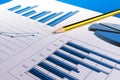 Office desk with charts , histograms and financial documents Royalty Free Stock Photo