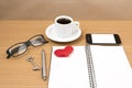 office desk : coffee and phone with key,eyeglasses,notepad,heart