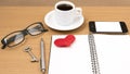 office desk : coffee and phone with key,eyeglasses,notepad,heart