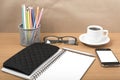 Office desk : coffee with phone,notepad,eyeglasses,wallet,color Royalty Free Stock Photo