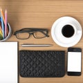 Office desk : coffee with phone,notepad,eyeglasses,wallet,color Royalty Free Stock Photo