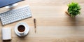 Office Desk with Computer and Coffee Cup Top View Royalty Free Stock Photo