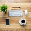 Office Desk with Computer and Coffee Cup Top View Royalty Free Stock Photo