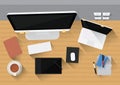 office desk with computer, gadgets and stationery. Vector illustration decorative design