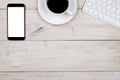 Office desk with copy space. Digital devices wireless keyboard, mouse and tablet computer with empty screen on white wooden table Royalty Free Stock Photo