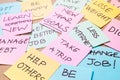 Office desk covered by post it papers with different notes Royalty Free Stock Photo