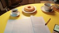 Office Desk with Donuts, Coffee, and Laptop