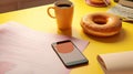 Office Desk with Donuts, Coffee, and Phone