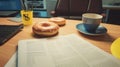 Office Desk with Donuts, Coffee, and Laptop