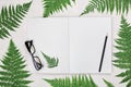 Office desk with fern leaves, empty open notebook, black eyeglasses and pencil top view. Flat lay styling.