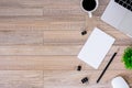 The office desk flat lay view with laptop, mouse, tree, black clip, coffee cup, notebook, pencil on wood texture background Royalty Free Stock Photo